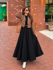 Brown Floral Blazer with Black Flare Maxi - Imported Suiting Set
