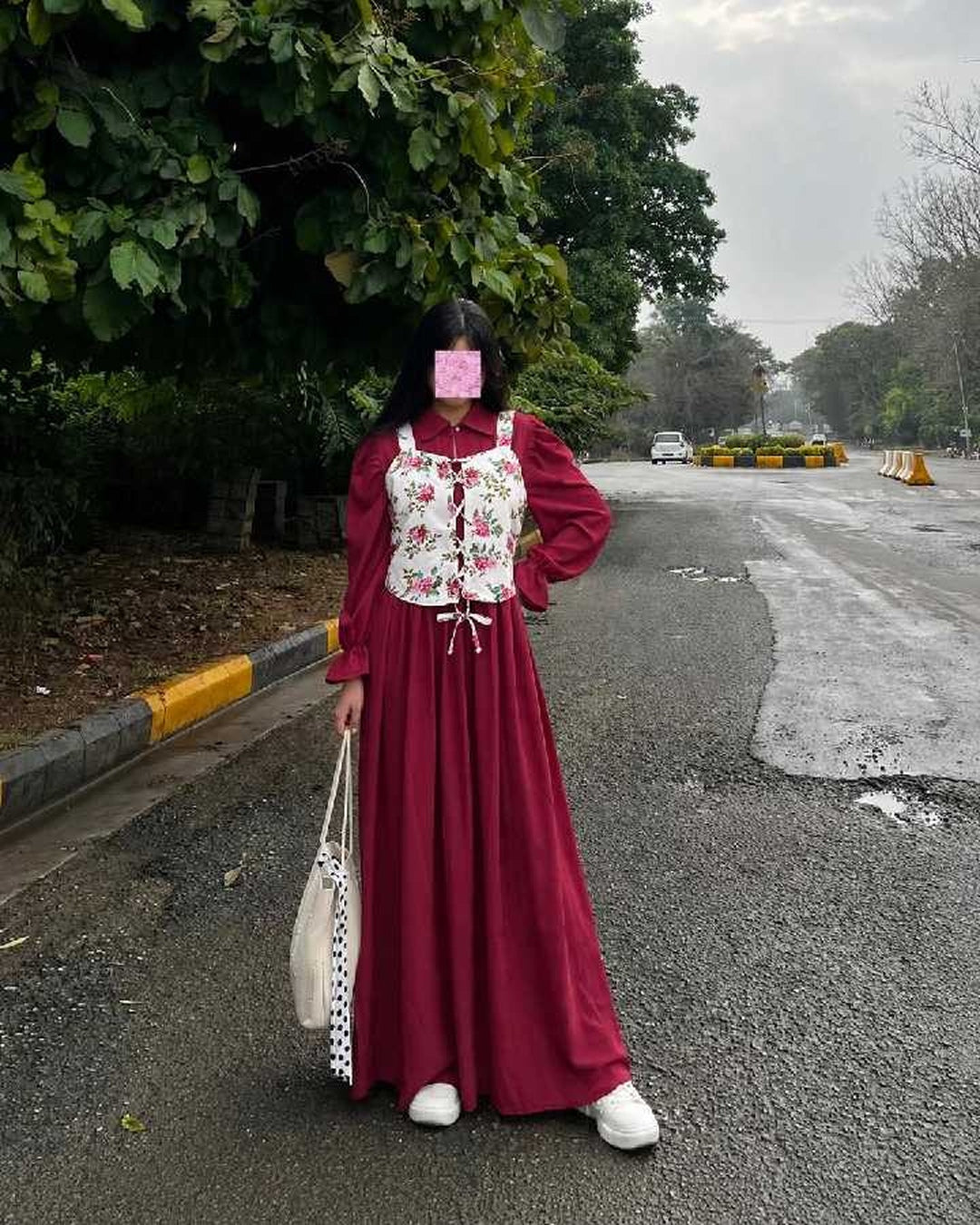 Mahroon frock with white flower corset