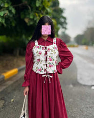 Mahroon frock with white flower corset
