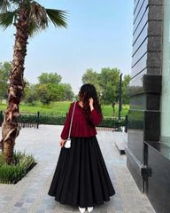 Elegant mahroon top with black full flair skirt