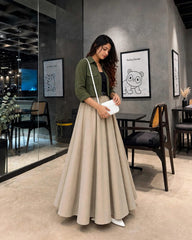 Olive green coat & black inner with beige full flair skirt