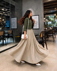 Olive green coat & black inner with beige full flair skirt