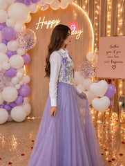 Lavender printed corset with full skirt & white shirt