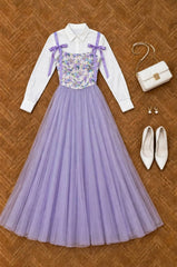 Lavender printed corset with full skirt & white shirt