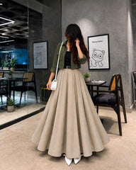 Olive green coat & black inner with beige full flair skirt