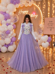 Lavender printed corset with full skirt & white shirt