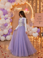 Lavender printed corset with full skirt & white shirt