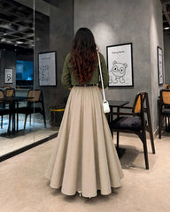 Olive green coat & black inner with beige full flair skirt