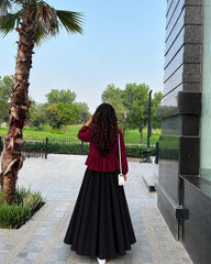 Elegant mahroon top with black full flair skirt